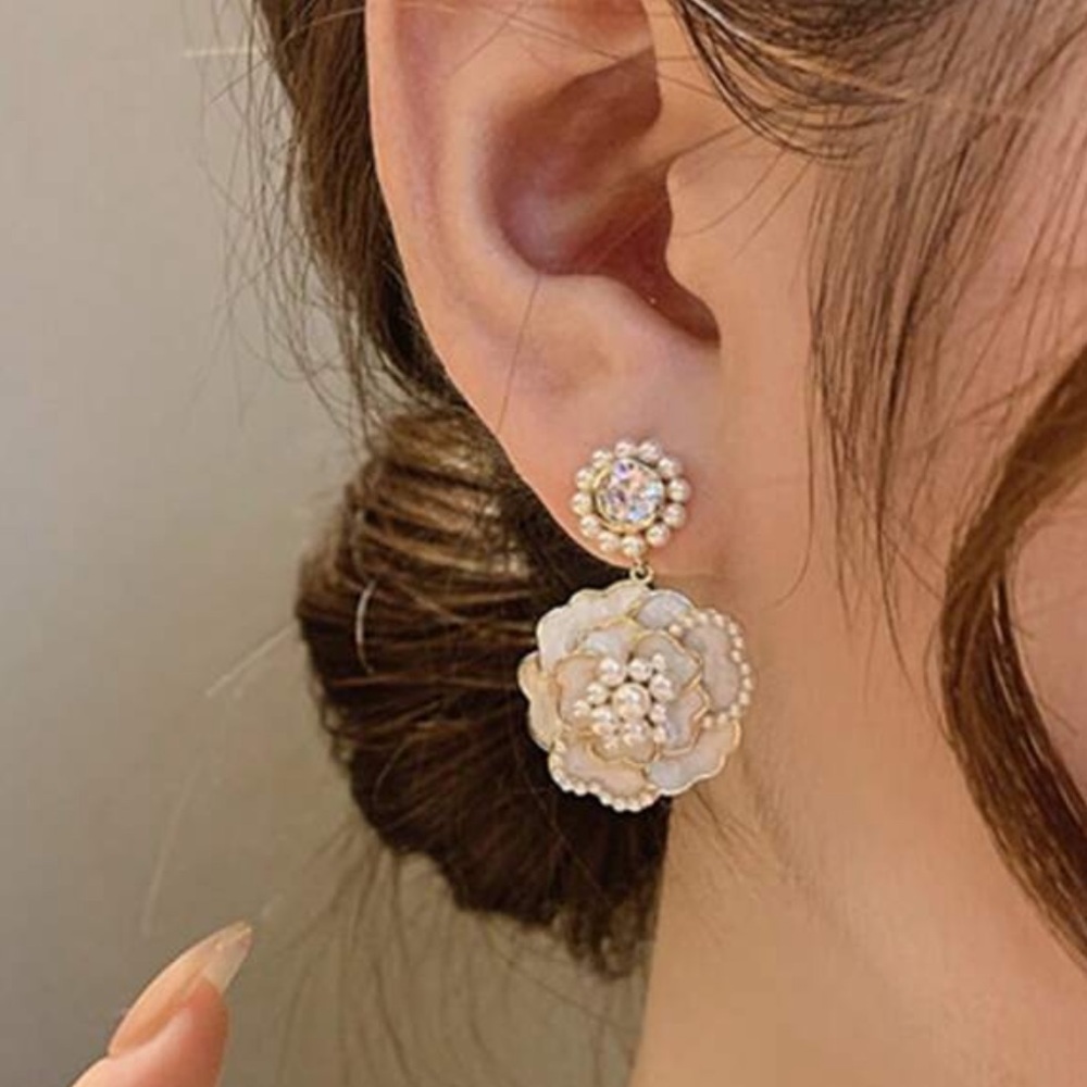 White & Camellia Rose, Faux Pearls, Designer Inspired Dangle Luxury Earrings